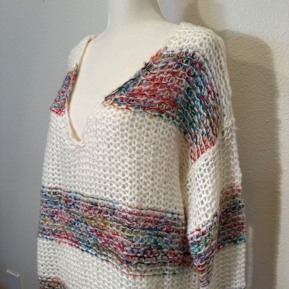 BIBI White Multi‎ Color Striped Loose Knit V-Neck Oversized Sweater XL